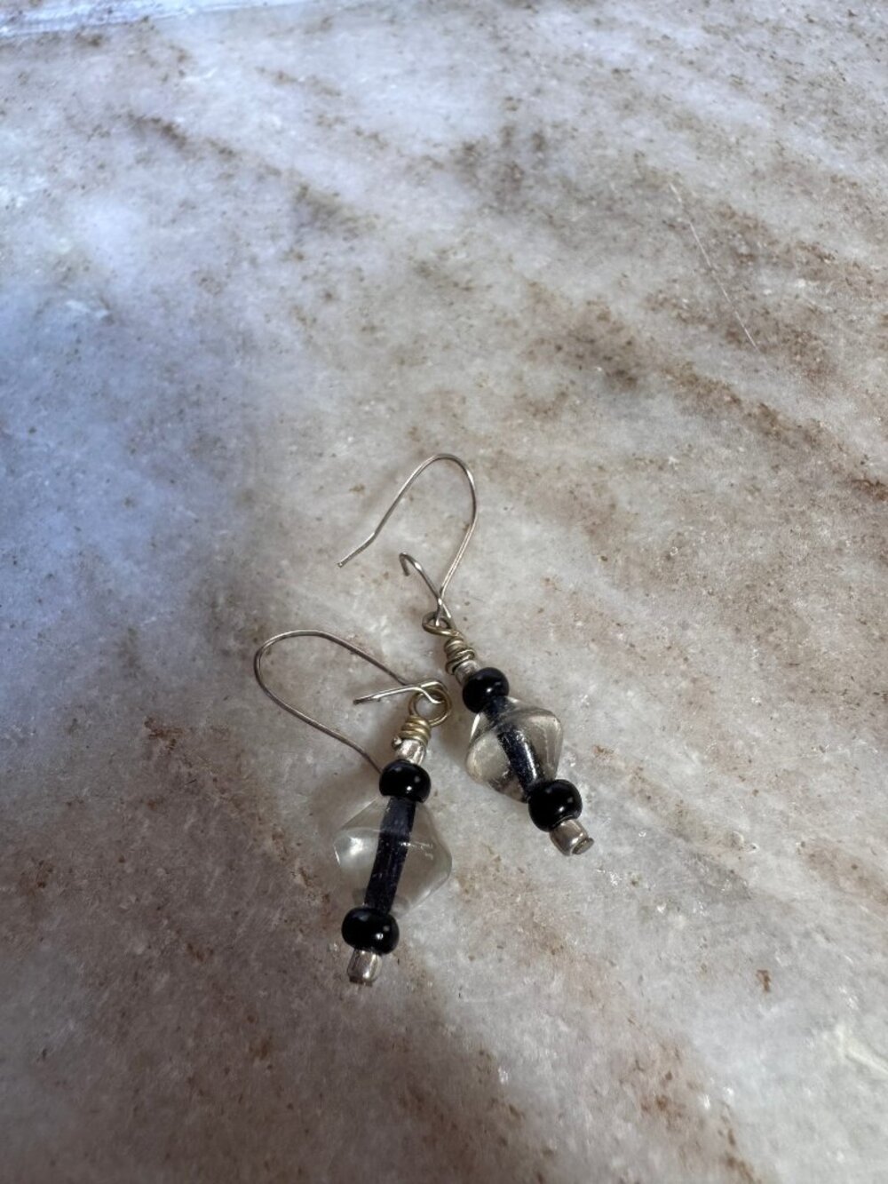 Black & Smoky Clear Beaded Dangle Earrings Silver Tone Wire Drops Boho Whimsigot